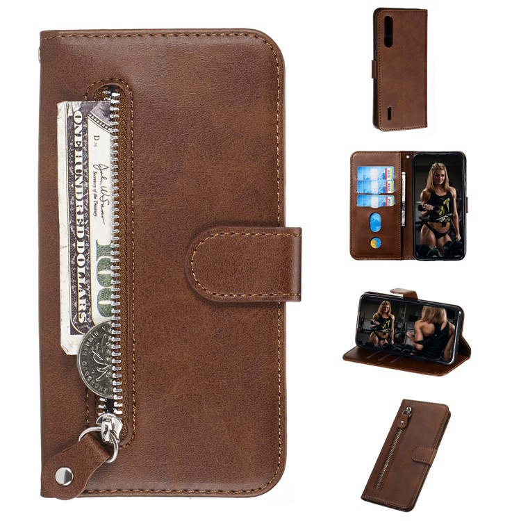 Zipper Pocket PU Leather Wallet Phone Covering Case for Xiaomi Mi CC9e/A3 (2017) - Brown-1