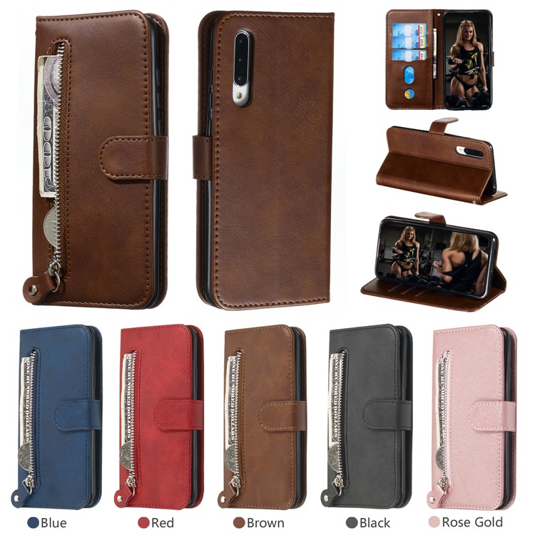 Zipper Pocket PU Leather Wallet Case Stand Phone Cover for Xiaomi Mi CC9/Mi A3 Lite - Brown-12