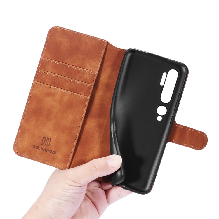 DG.MING Retro Style Wallet Leather Stand Protection Phone Case for Xiaomi Mi Note 10/Note 10 Pro - Brown-7