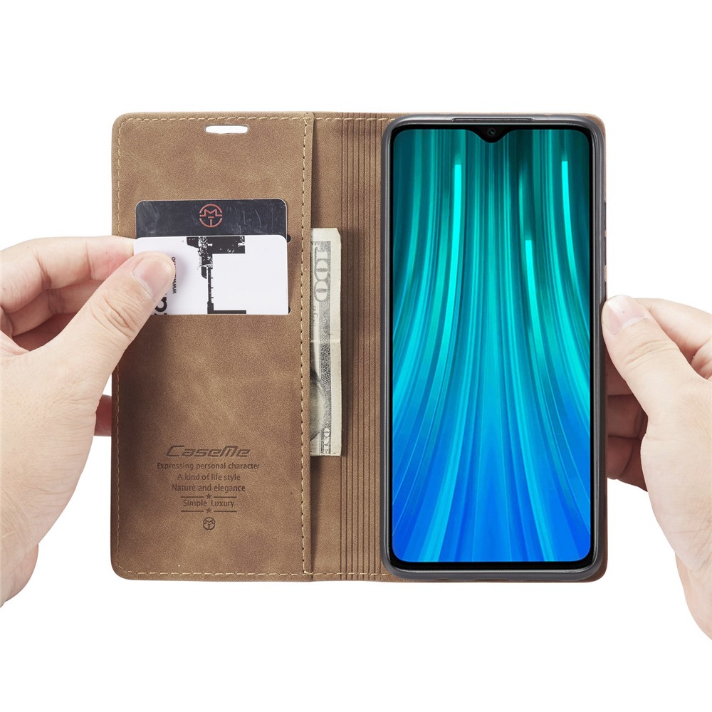 CASEME 013 Series Auto-absorbed Leather Wallet Stand Case Phone Shell for Xiaomi Redmi Note 8 Pro - Brown-10
