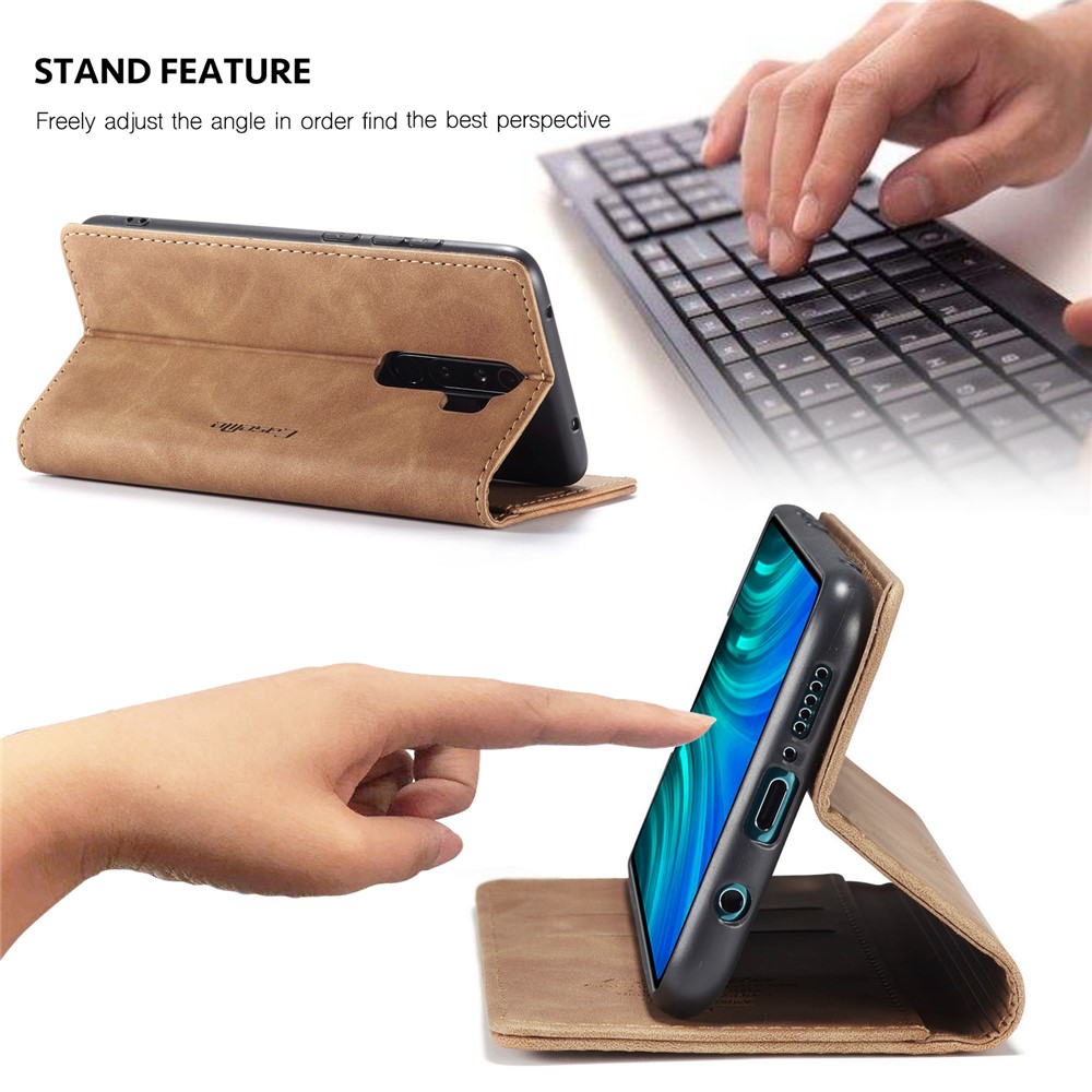 CASEME 013 Series Auto-absorbed Leather Wallet Stand Case Phone Shell for Xiaomi Redmi Note 8 Pro - Brown-12