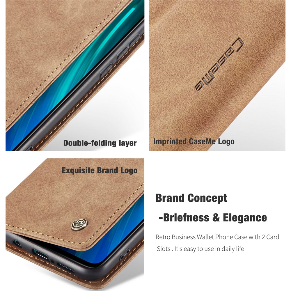 CASEME 013 Series Auto-absorbed Leather Wallet Stand Case Phone Shell for Xiaomi Redmi Note 8 Pro - Brown-13