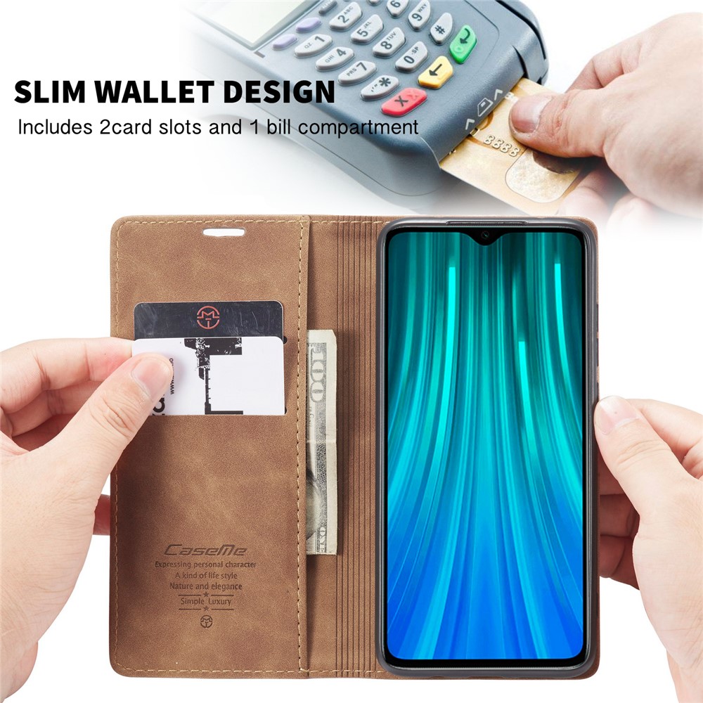 CASEME 013 Series Auto-absorbed Leather Wallet Stand Case Phone Shell for Xiaomi Redmi Note 8 Pro - Brown-14