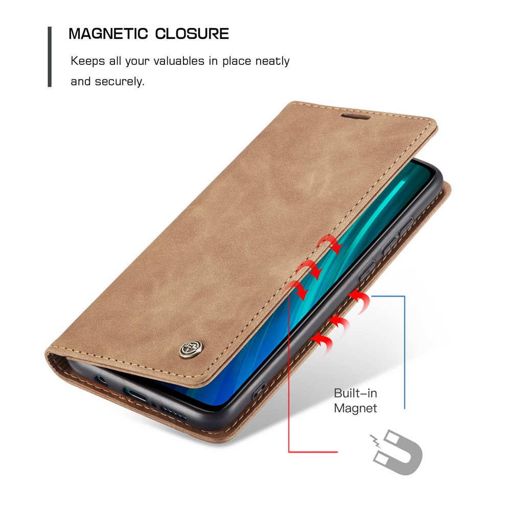 CASEME 013 Series Auto-absorbed Leather Wallet Stand Case Phone Shell for Xiaomi Redmi Note 8 Pro - Brown-15