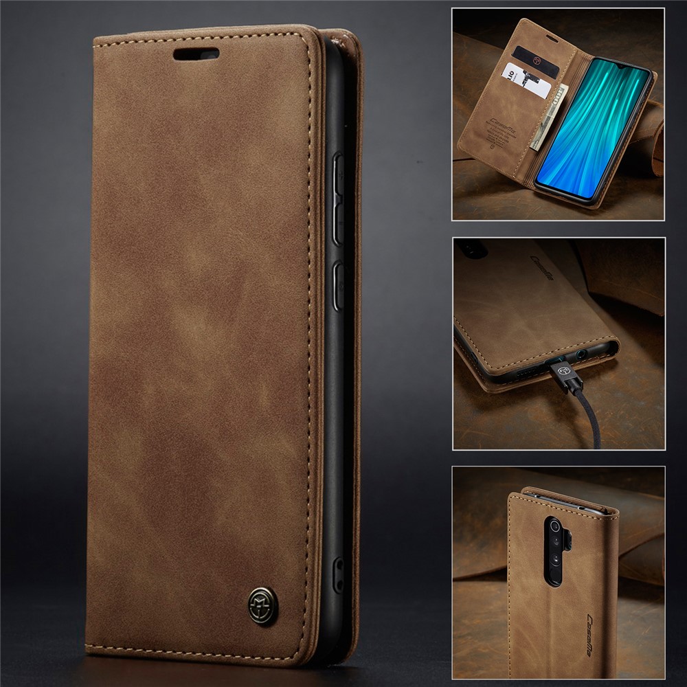 CASEME 013 Series Auto-absorbed Leather Wallet Stand Case Phone Shell for Xiaomi Redmi Note 8 Pro - Brown-16
