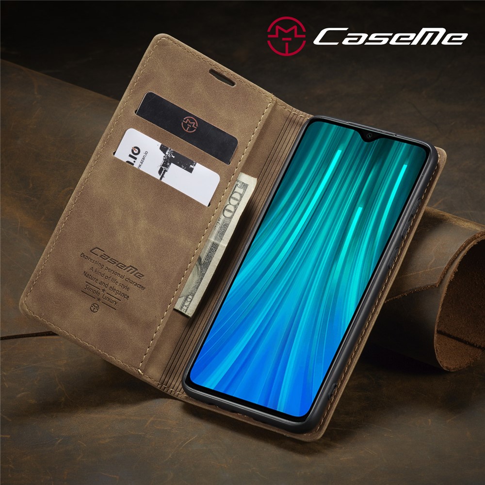 CASEME 013 Series Auto-absorbed Leather Wallet Stand Case Phone Shell for Xiaomi Redmi Note 8 Pro - Brown-19