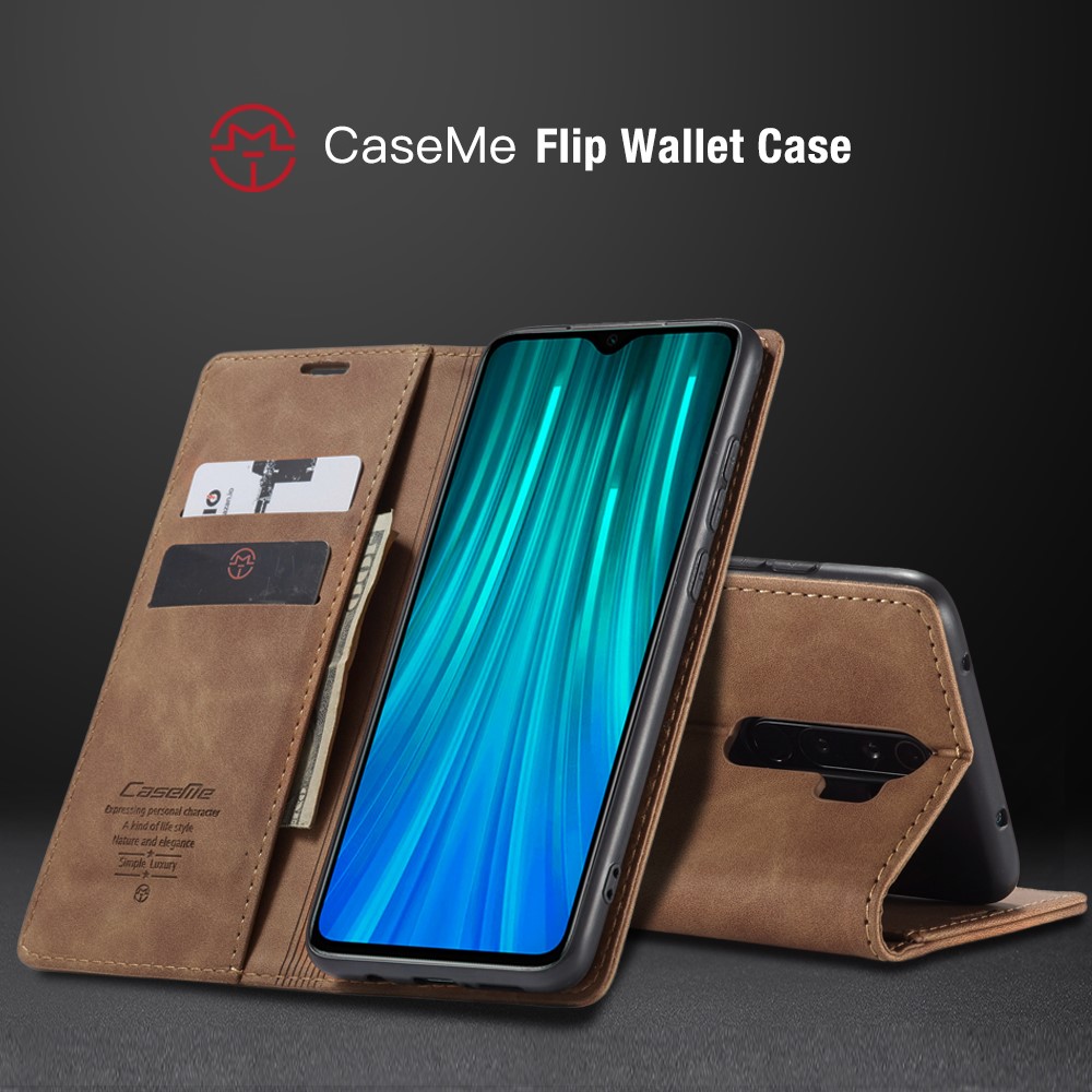 CASEME 013 Series Auto-absorbed Leather Wallet Stand Case Phone Shell for Xiaomi Redmi Note 8 Pro - Brown-26