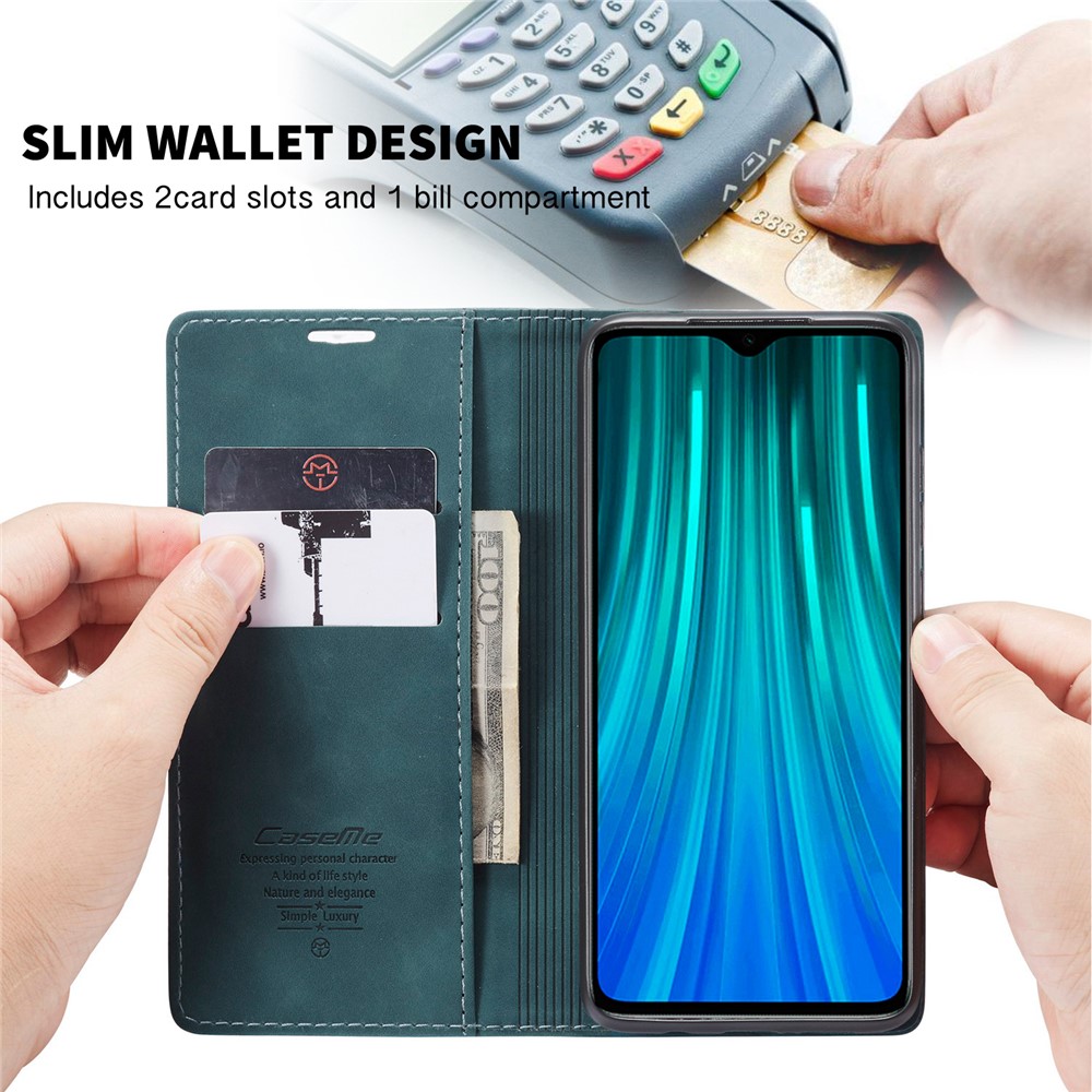 CASEME 013 Series Cartera De Piel De Auto-absorción Cáscara Del Teléfono Del Caso Del Soporte Para Xiaomi Redmi Nota 8 Pro - Azul-14