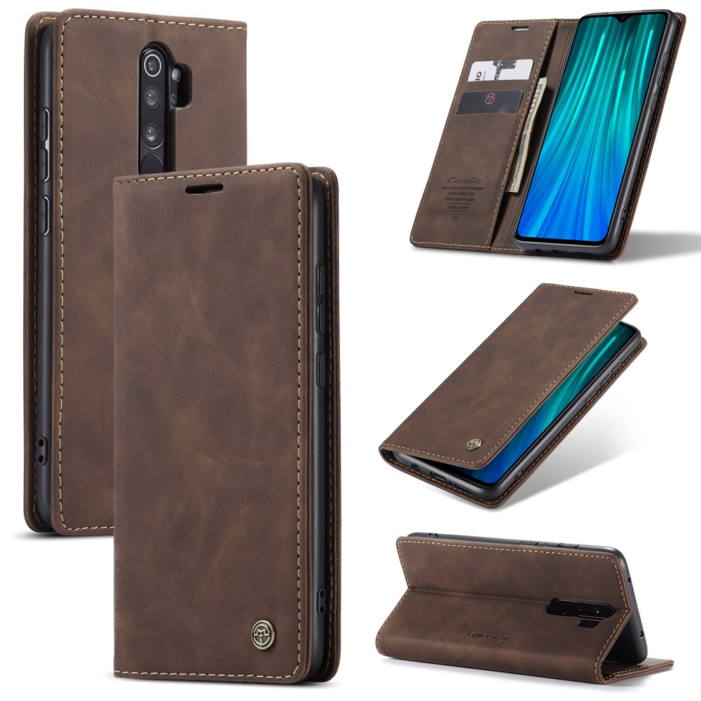 CASEME 013 Série Shell Téléphone Portefeuille En Cuir Absorbé Auto-support Cas Pour Xiaomi Redmi Note 8 Pro - Café-1