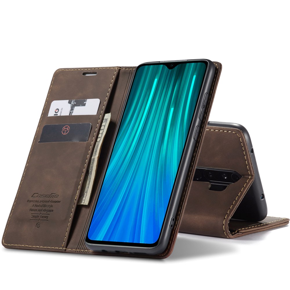 CASEME 013 Série Shell Téléphone Portefeuille En Cuir Absorbé Auto-support Cas Pour Xiaomi Redmi Note 8 Pro - Café-10