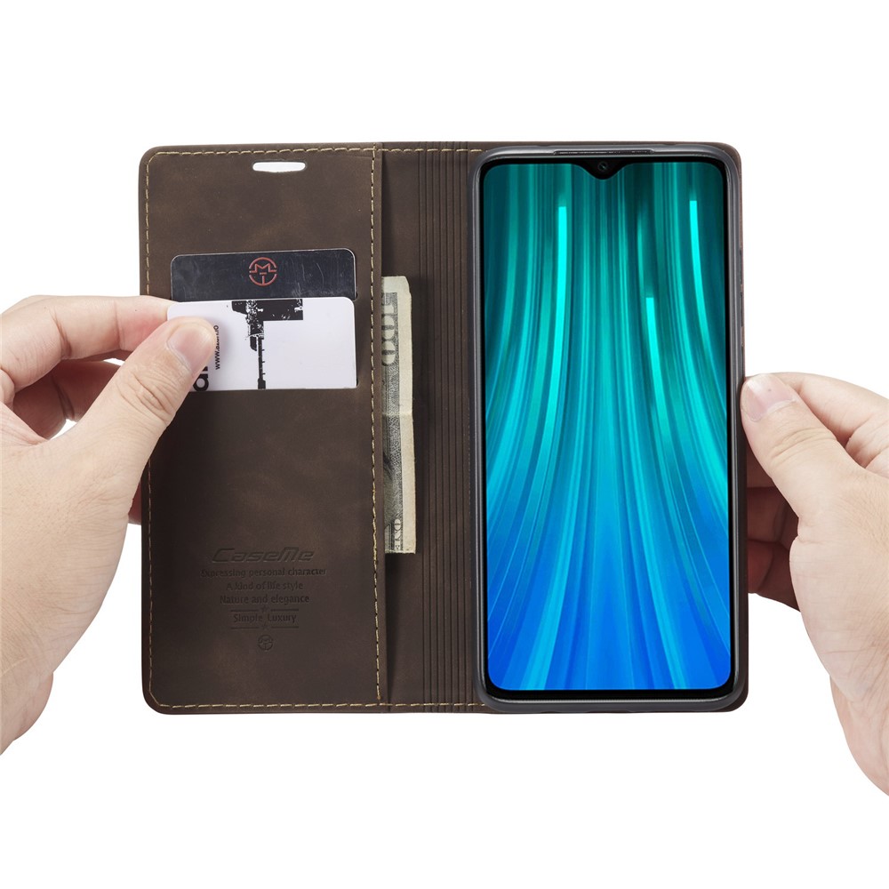 CASEME 013 Série Shell Téléphone Portefeuille En Cuir Absorbé Auto-support Cas Pour Xiaomi Redmi Note 8 Pro - Café-11