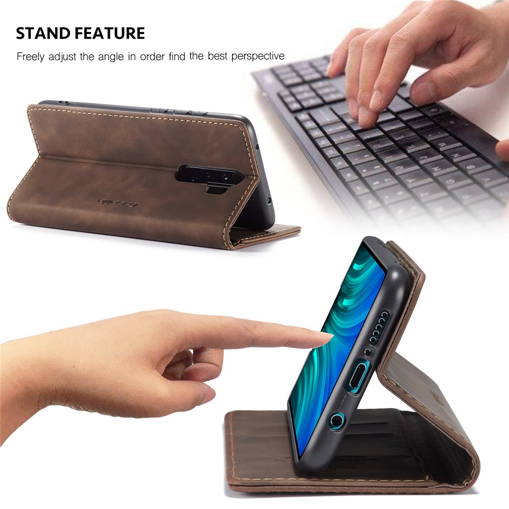 CASEME 013 Série Shell Téléphone Portefeuille En Cuir Absorbé Auto-support Cas Pour Xiaomi Redmi Note 8 Pro - Café-12