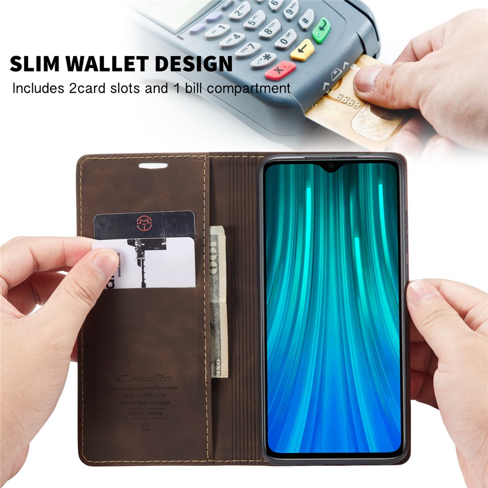 CASEME 013 Série Shell Téléphone Portefeuille En Cuir Absorbé Auto-support Cas Pour Xiaomi Redmi Note 8 Pro - Café-13