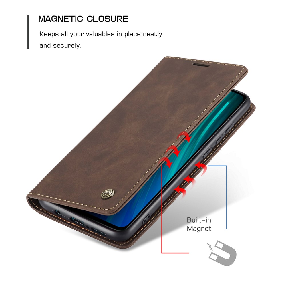 CASEME 013 Série Shell Téléphone Portefeuille En Cuir Absorbé Auto-support Cas Pour Xiaomi Redmi Note 8 Pro - Café-14