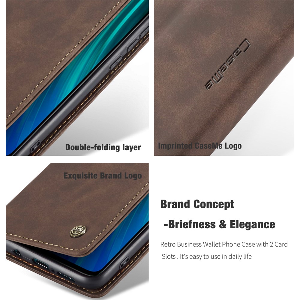 CASEME 013 Série Shell Téléphone Portefeuille En Cuir Absorbé Auto-support Cas Pour Xiaomi Redmi Note 8 Pro - Café-15
