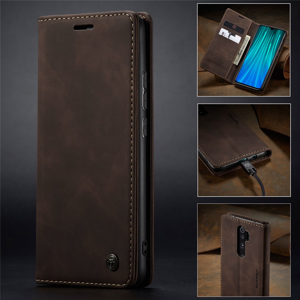 CASEME 013 Série Shell Téléphone Portefeuille En Cuir Absorbé Auto-support Cas Pour Xiaomi Redmi Note 8 Pro - Café-16
