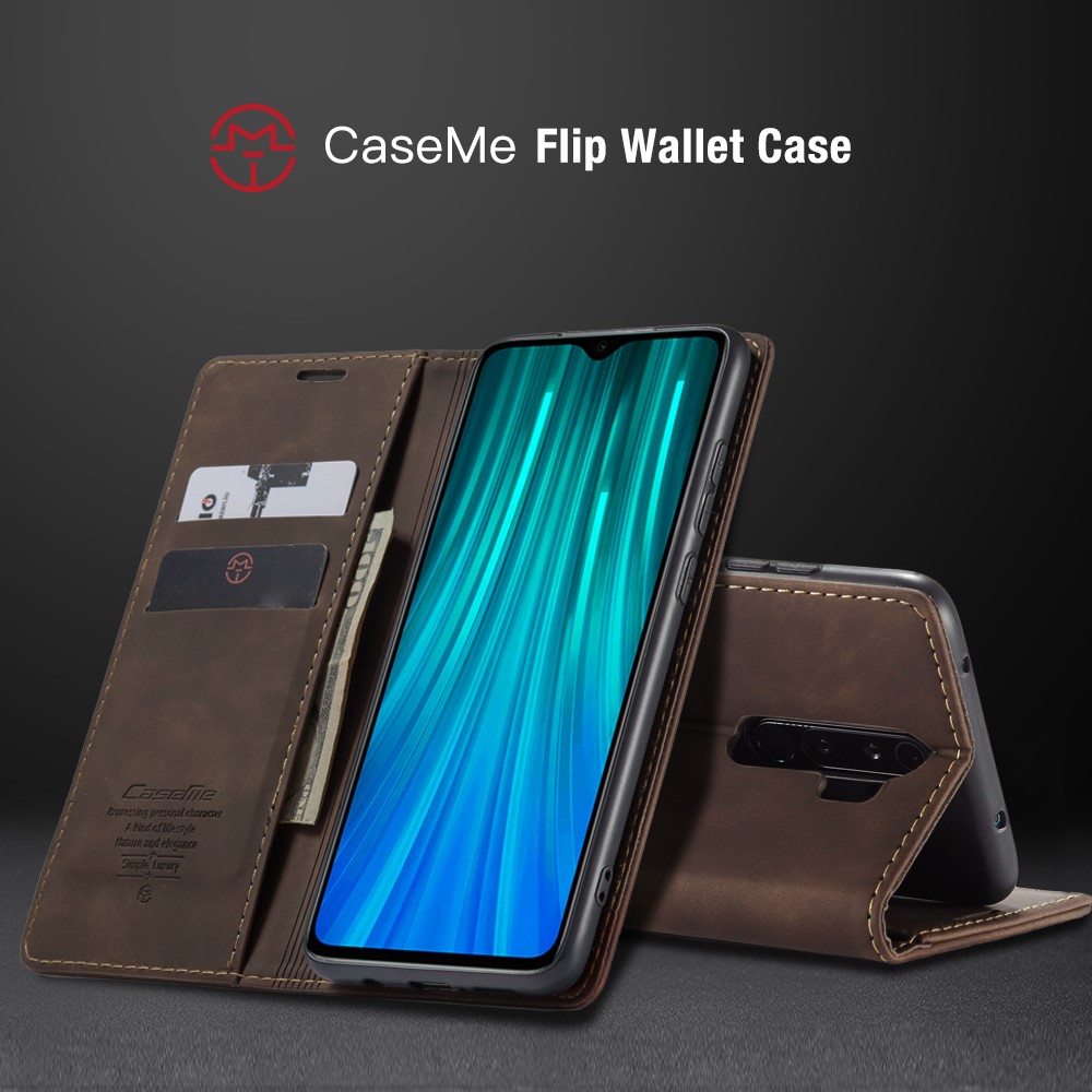 CASEME 013 Série Shell Téléphone Portefeuille En Cuir Absorbé Auto-support Cas Pour Xiaomi Redmi Note 8 Pro - Café-22