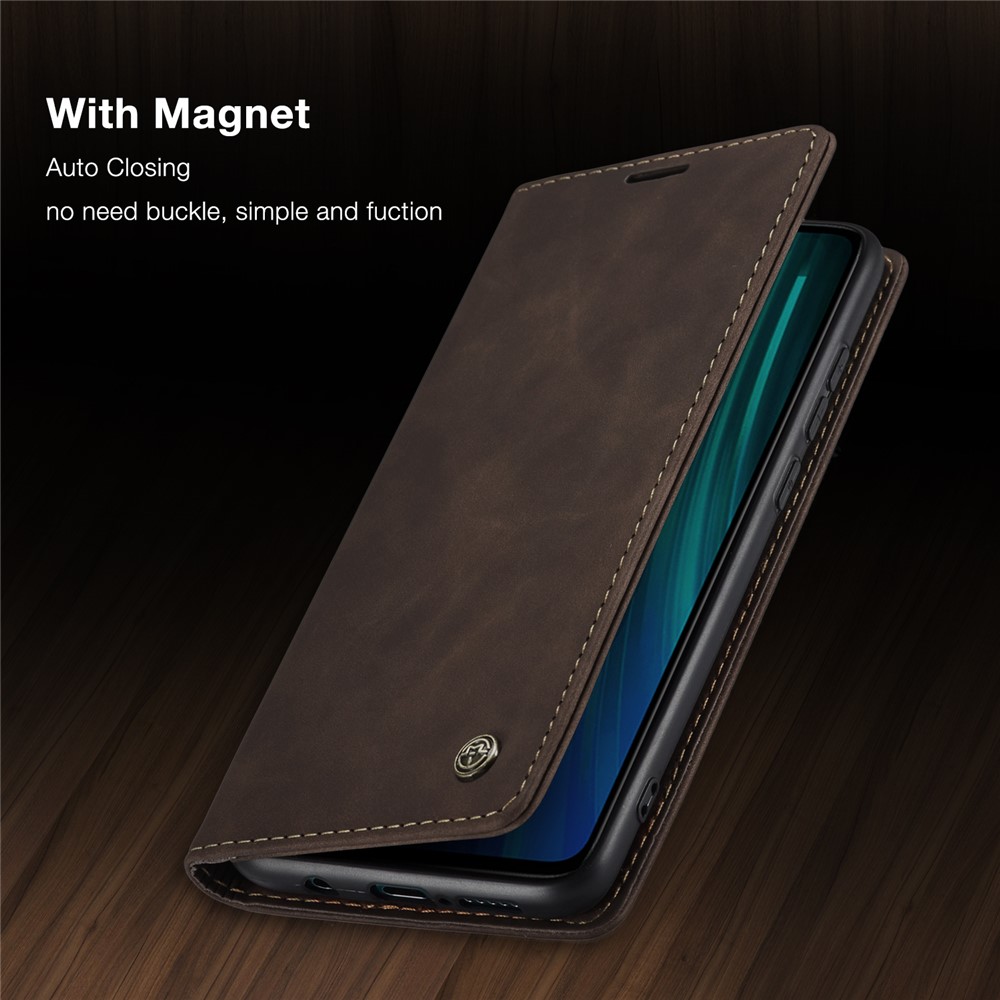CASEME 013 Série Shell Téléphone Portefeuille En Cuir Absorbé Auto-support Cas Pour Xiaomi Redmi Note 8 Pro - Café-23