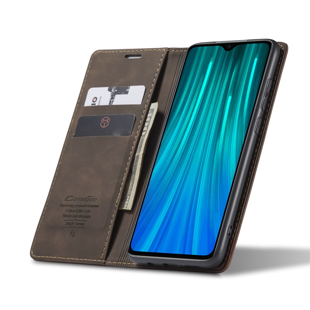 CASEME 013 Série Shell Téléphone Portefeuille En Cuir Absorbé Auto-support Cas Pour Xiaomi Redmi Note 8 Pro - Café-5