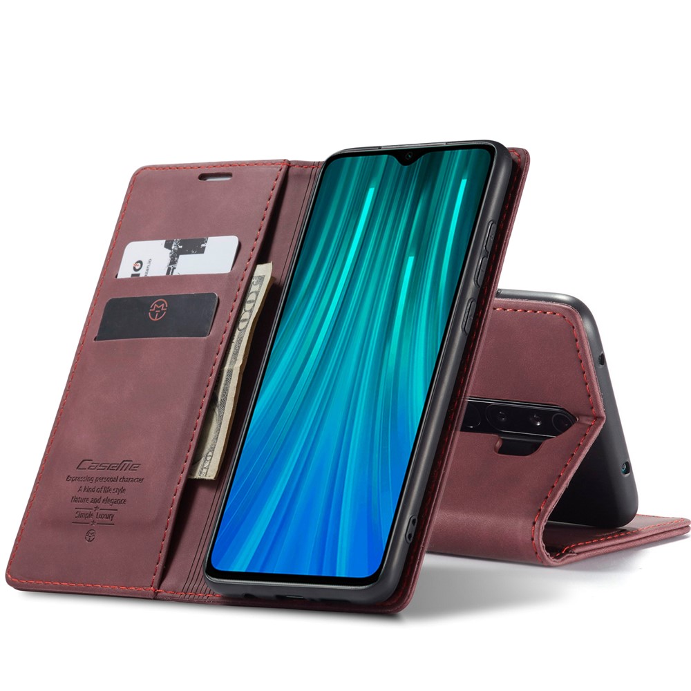 Caseme 013 Serie Auto-absorbiertes Leder Brieftasche Hülle Telefonschale Für Xiaomi Redmi Note 8 Pro - Weinrot