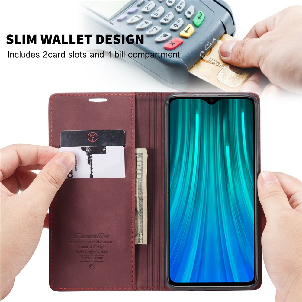CASEME 013 Series Cartera De Piel De Auto-absorción Cáscara Del Teléfono Del Caso Del Soporte Para Xiaomi Redmi Nota 8 Pro - Vino Rojo-12