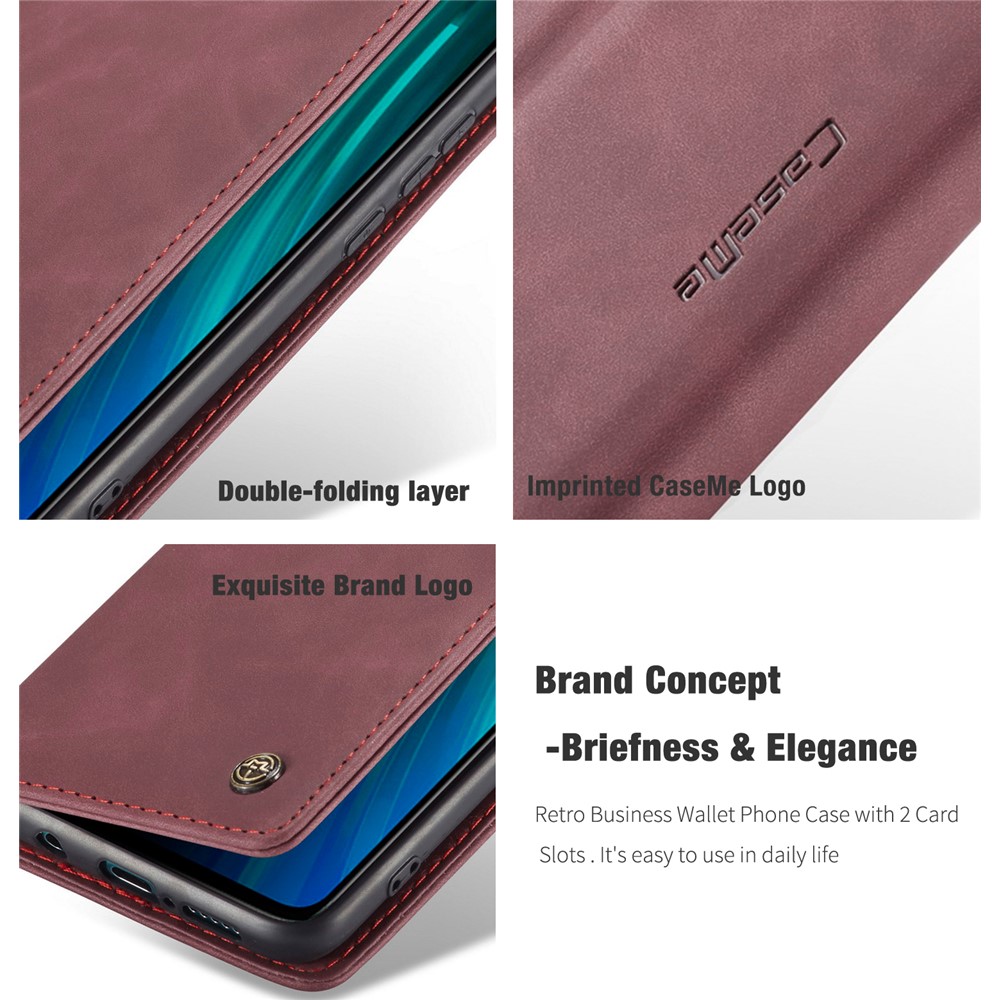 CASEME 013 Series Cartera De Piel De Auto-absorción Cáscara Del Teléfono Del Caso Del Soporte Para Xiaomi Redmi Nota 8 Pro - Vino Rojo-14