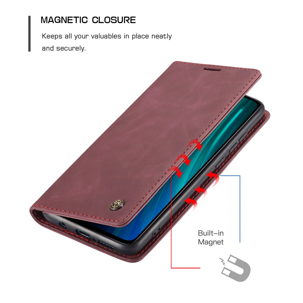 CASEME 013 Series Cartera De Piel De Auto-absorción Cáscara Del Teléfono Del Caso Del Soporte Para Xiaomi Redmi Nota 8 Pro - Vino Rojo-15
