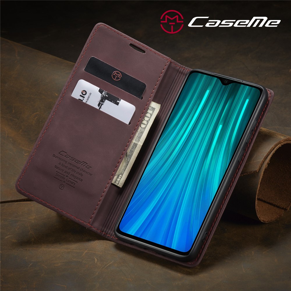CASEME 013 Series Cartera De Piel De Auto-absorción Cáscara Del Teléfono Del Caso Del Soporte Para Xiaomi Redmi Nota 8 Pro - Vino Rojo-19