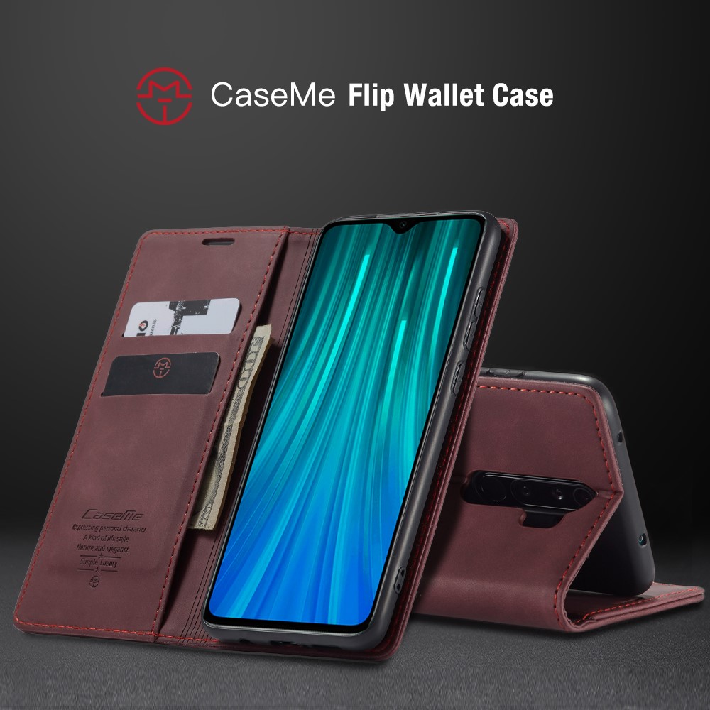 Caseme 013 Serie Auto-absorbiertes Leder Brieftasche Hülle Telefonschale Für Xiaomi Redmi Note 8 Pro - Weinrot