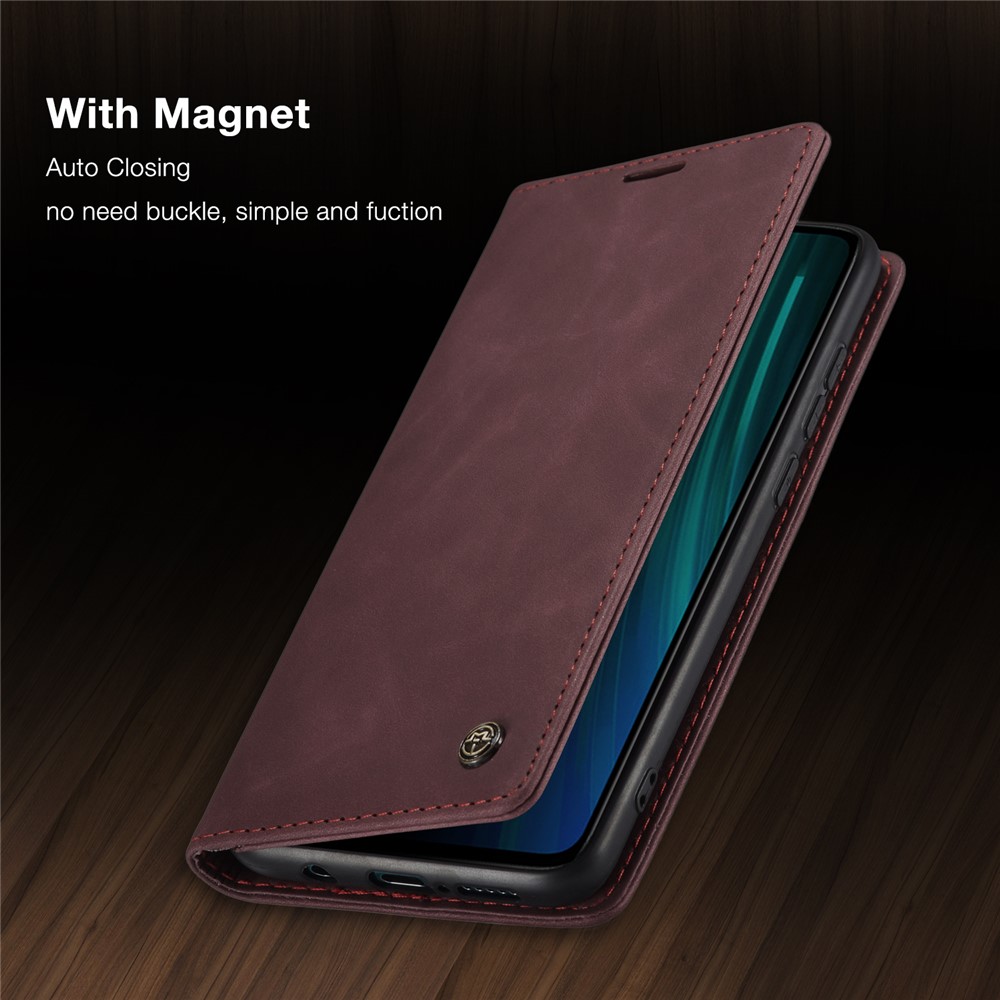 Caseme 013 Serie Auto-absorbiertes Leder Brieftasche Hülle Telefonschale Für Xiaomi Redmi Note 8 Pro - Weinrot