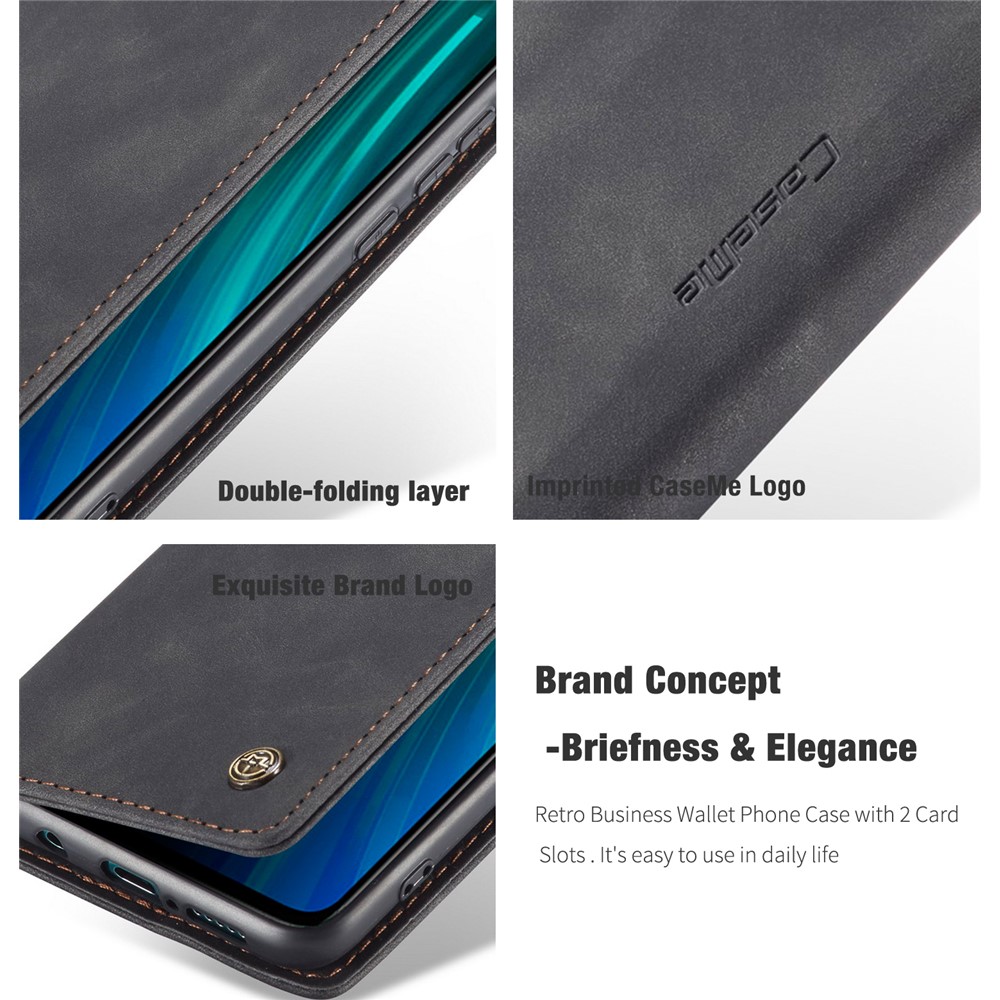 CASEME 013 Series Auto-absorbed Leather Wallet Stand Case Phone Shell for Xiaomi Redmi Note 8 Pro - Black-12