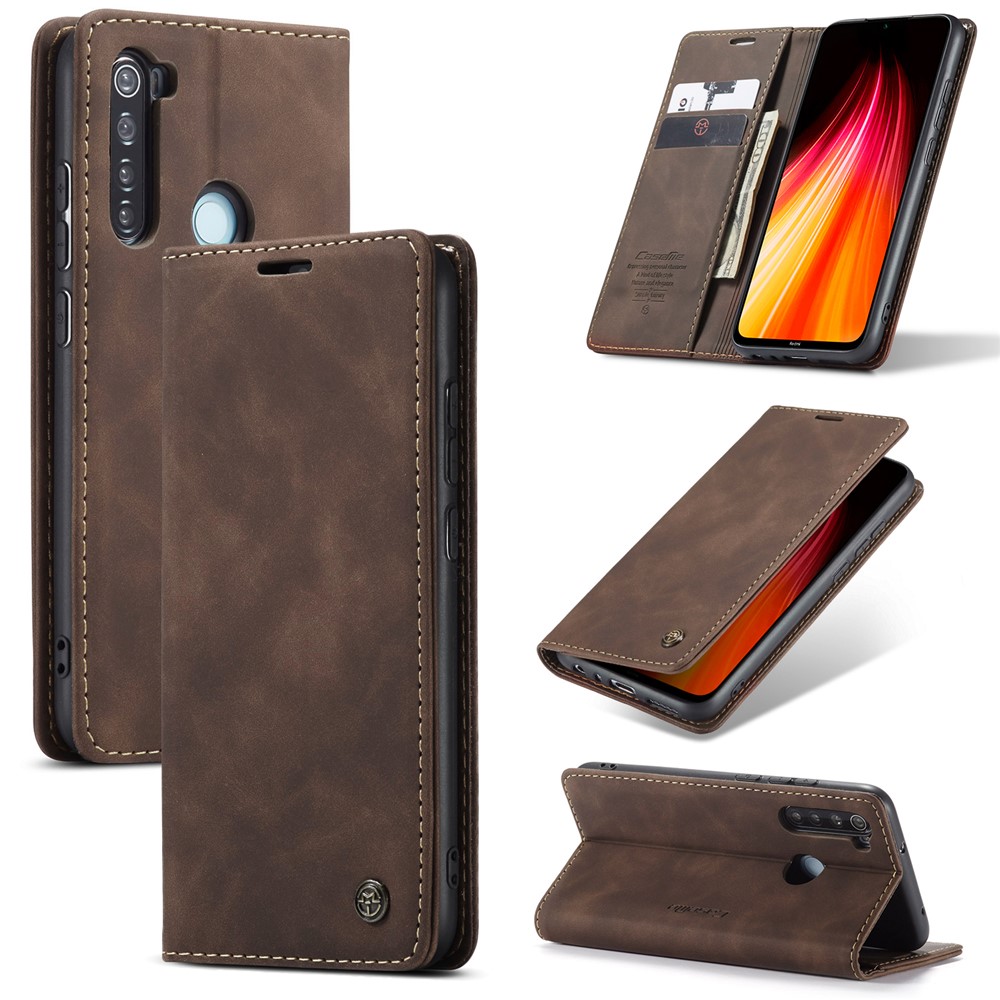 CASEME 013 Series Auto-absorbed Leather Wallet Stand Phone Covering Case for Xiaomi Redmi Note 8 - Coffee-1