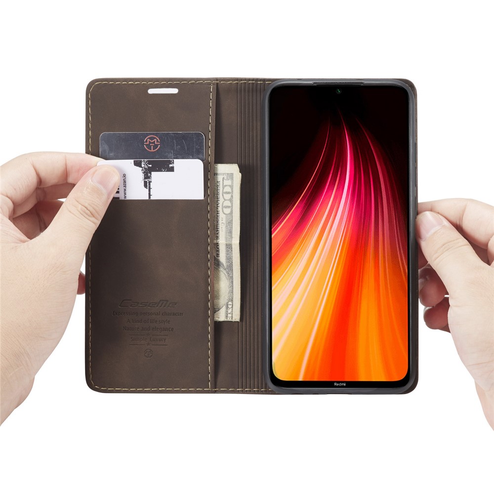CASEME 013 Series Auto-absorbed Leather Wallet Stand Phone Covering Case for Xiaomi Redmi Note 8 - Coffee-13