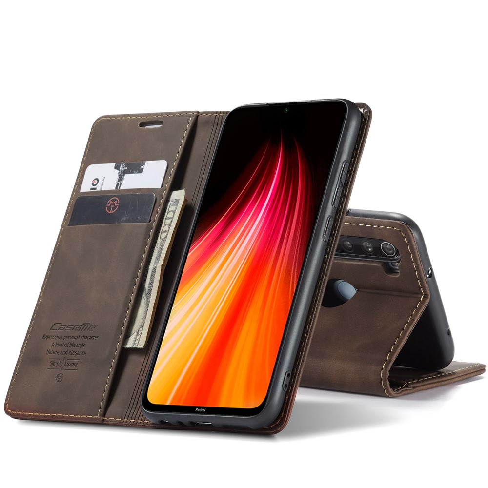 CASEME 013 Series Auto-absorbed Leather Wallet Stand Phone Covering Case for Xiaomi Redmi Note 8 - Coffee-15