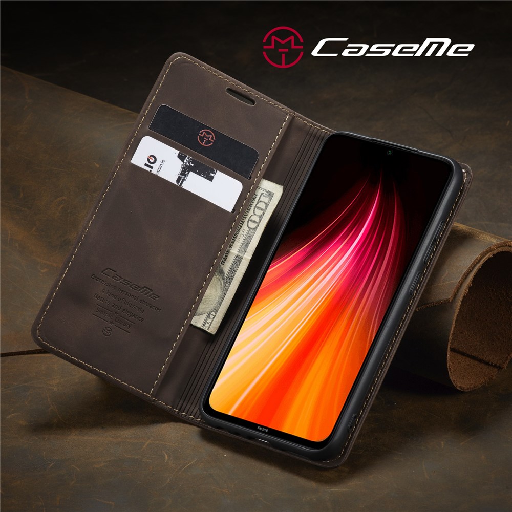CASEME 013 Series Auto-absorbed Leather Wallet Stand Phone Covering Case for Xiaomi Redmi Note 8 - Coffee-19