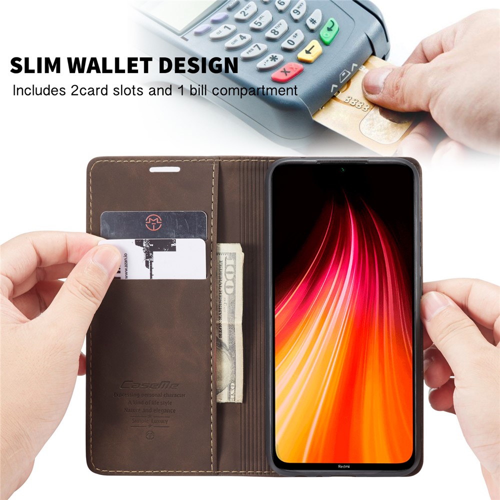 CASEME 013 Series Auto-absorbed Leather Wallet Stand Phone Covering Case for Xiaomi Redmi Note 8 - Coffee-2