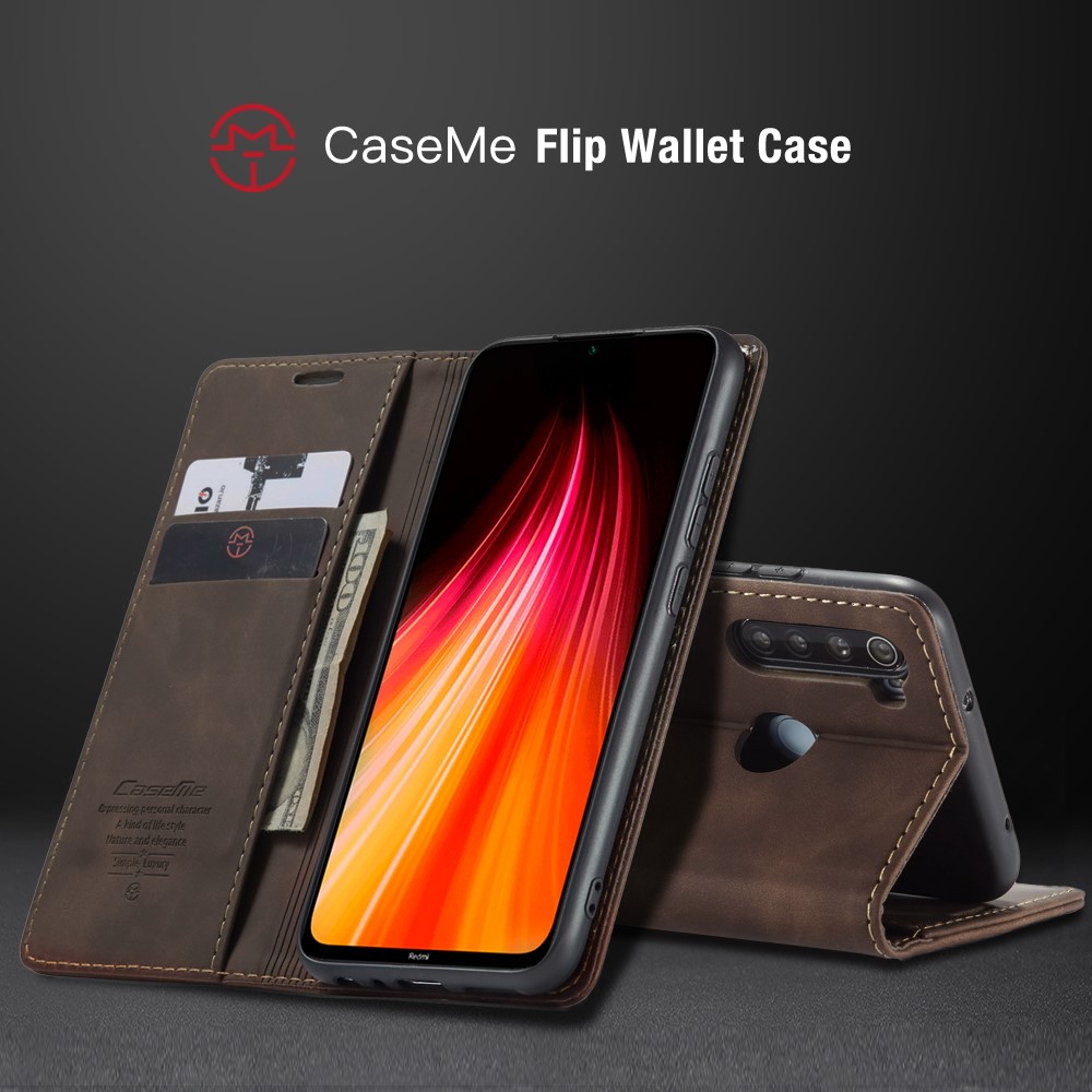 CASEME 013 Series Auto-absorbed Leather Wallet Stand Phone Covering Case for Xiaomi Redmi Note 8 - Coffee-25