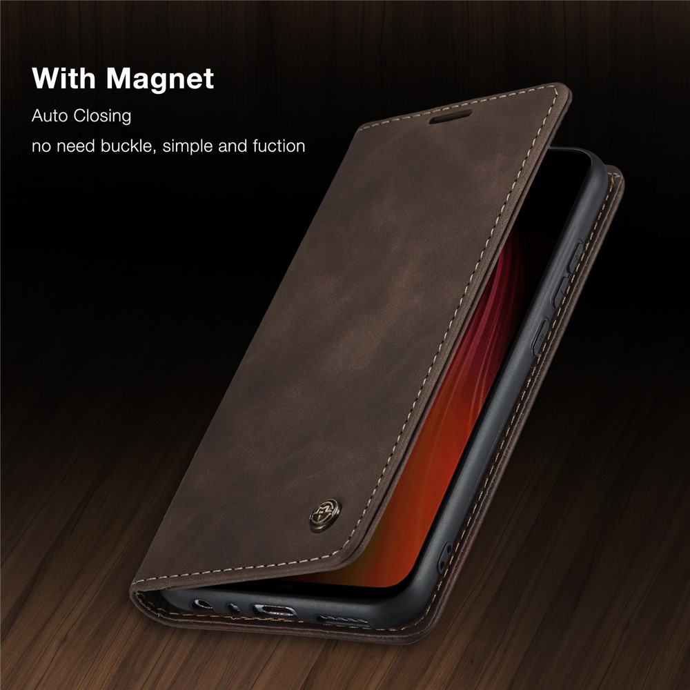 CASEME 013 Series Auto-absorbed Leather Wallet Stand Phone Covering Case for Xiaomi Redmi Note 8 - Coffee-26