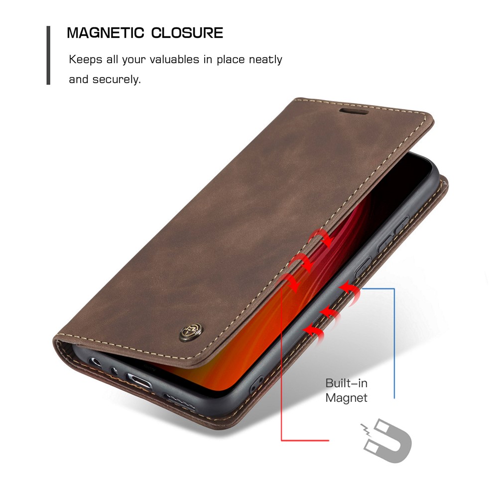 CASEME 013 Series Auto-absorbed Leather Wallet Stand Phone Covering Case for Xiaomi Redmi Note 8 - Coffee-3