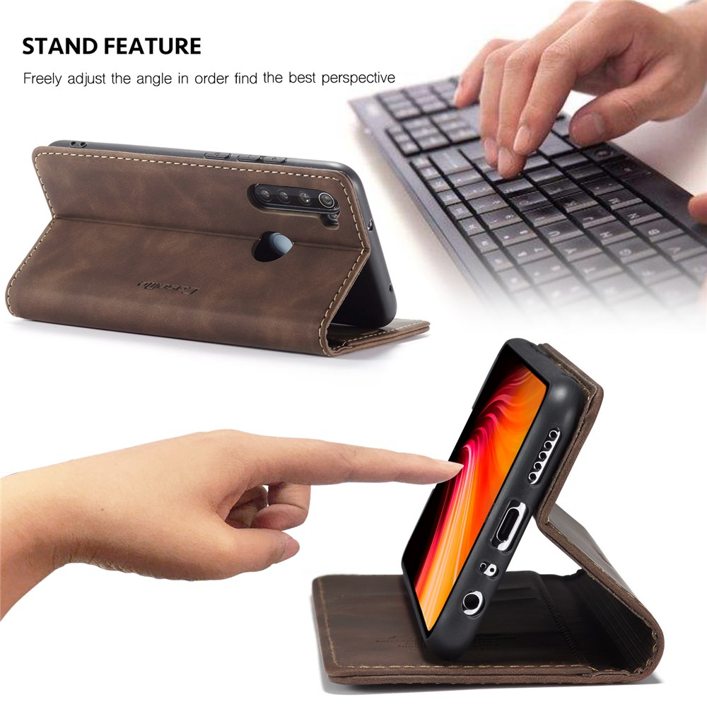 CASEME 013 Series Auto-absorbed Leather Wallet Stand Phone Covering Case for Xiaomi Redmi Note 8 - Coffee-4