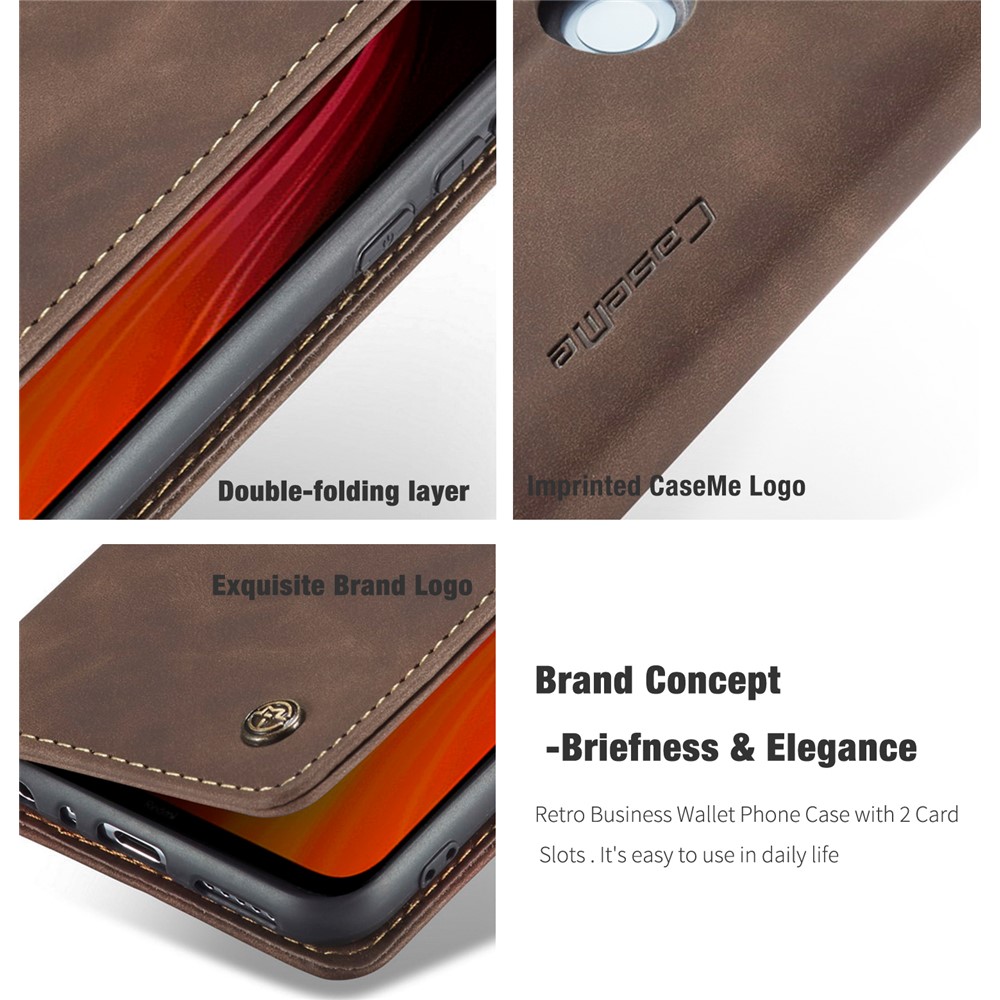 CASEME 013 Series Auto-absorbed Leather Wallet Stand Phone Covering Case for Xiaomi Redmi Note 8 - Coffee-5