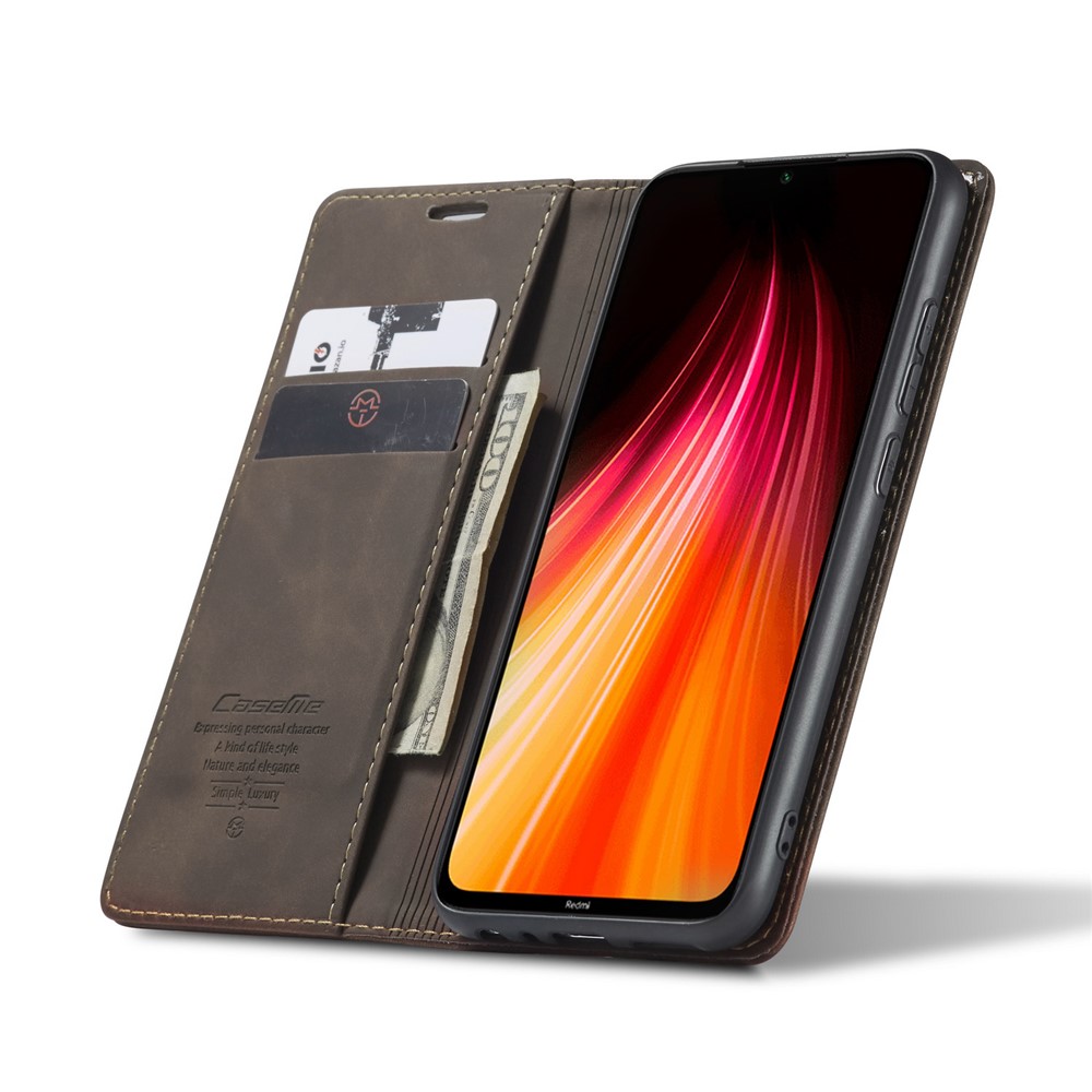 CASEME 013 Series Auto-absorbed Leather Wallet Stand Phone Covering Case for Xiaomi Redmi Note 8 - Coffee-8