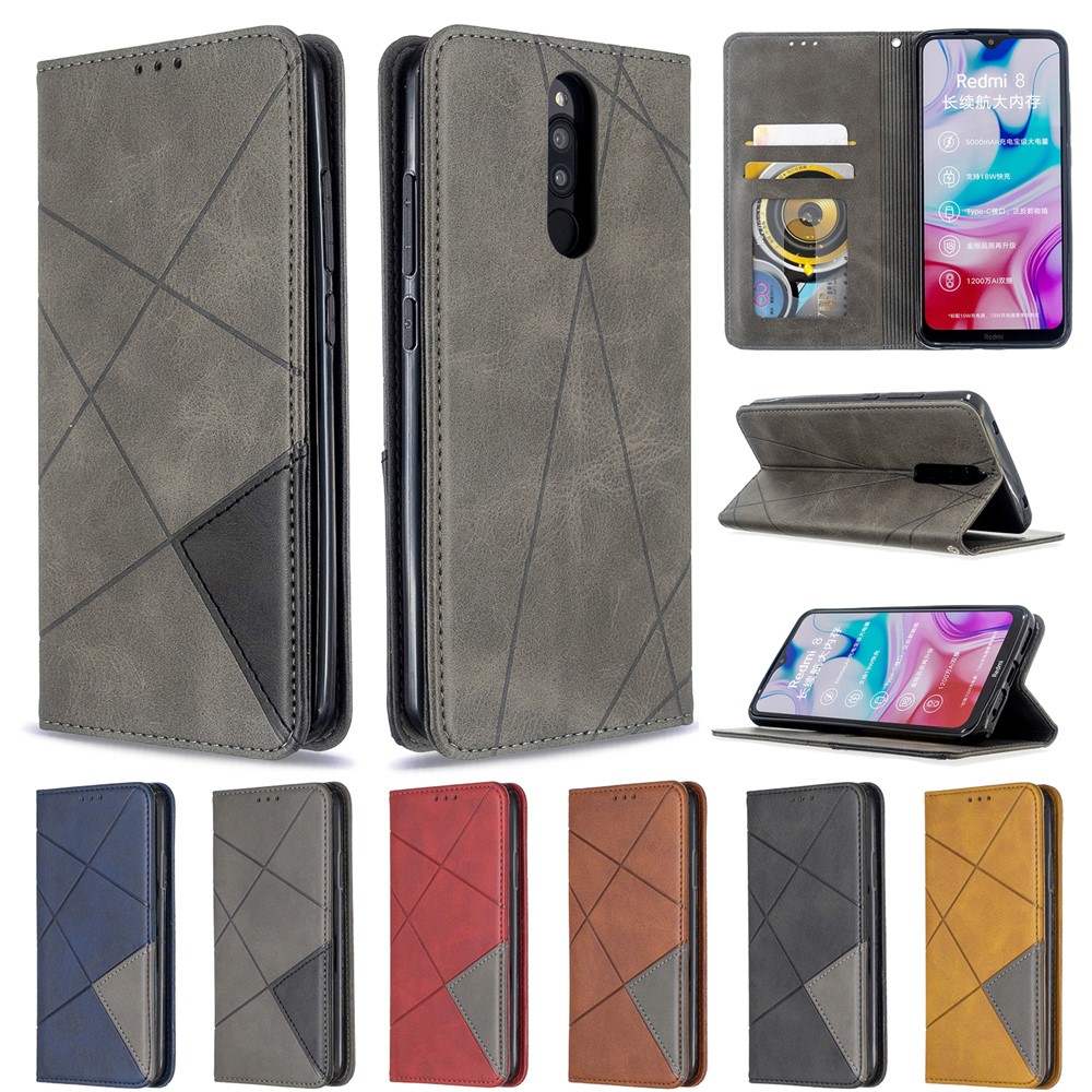 Tanno di Carta in Pelle Per Motivi Geometrici Per Xiaomi Redmi 8 - Grigio