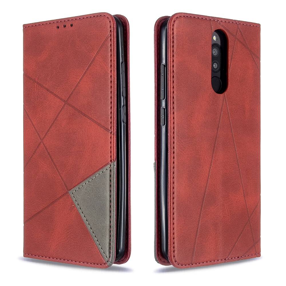 Geometrisches Musterstand Lederkartenhalter Hülle Für Xiaomi Redmi 8 - Rot