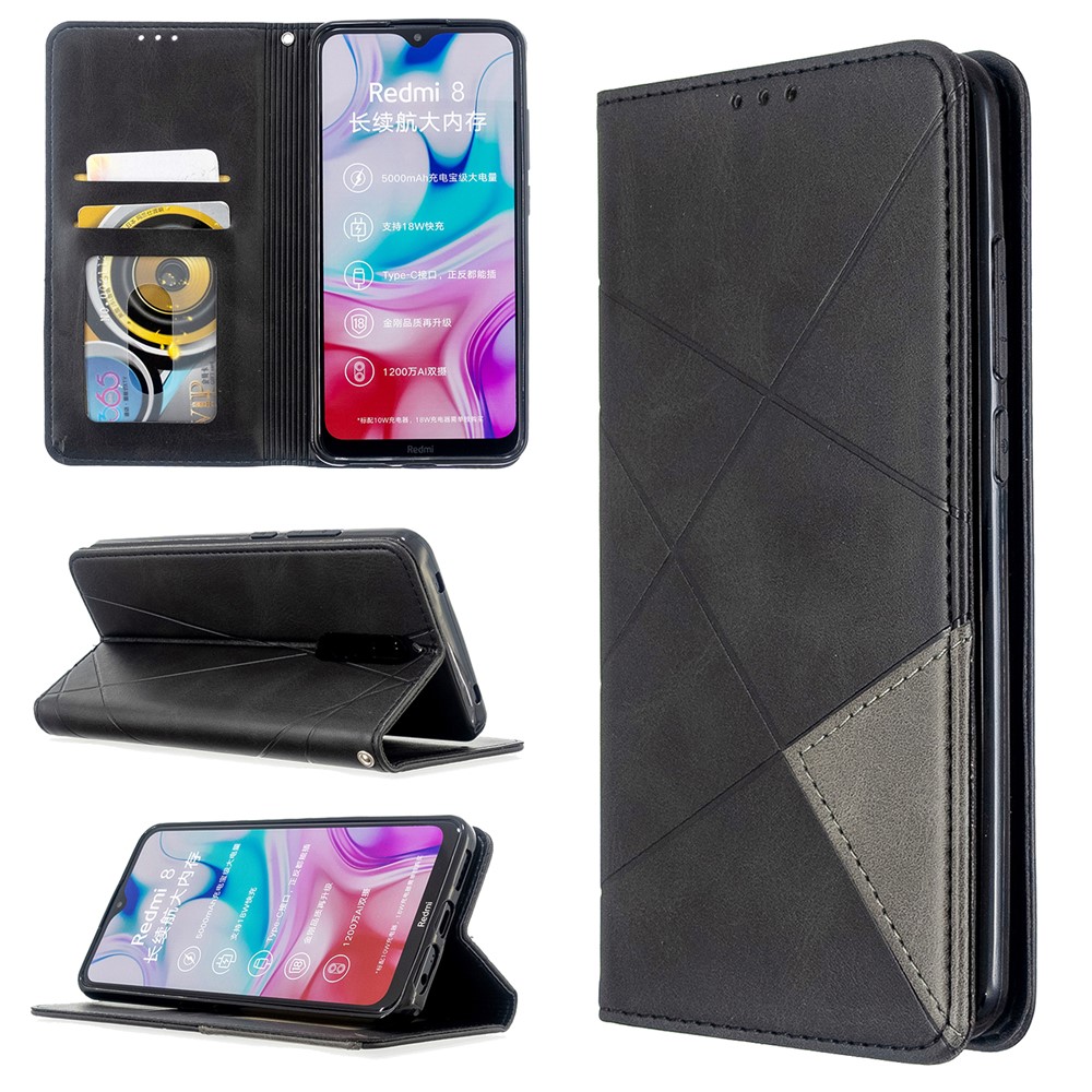 Padrão Estande Caso Titular Do Cartão De Couro Geométrica Para Xiaomi Redmi 8 - Preto-1