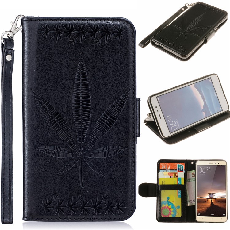 Imprint Maple Leaves Leather Wallet Case for Xiaomi Redmi Note 3 / Note 3 Pro - Black-1