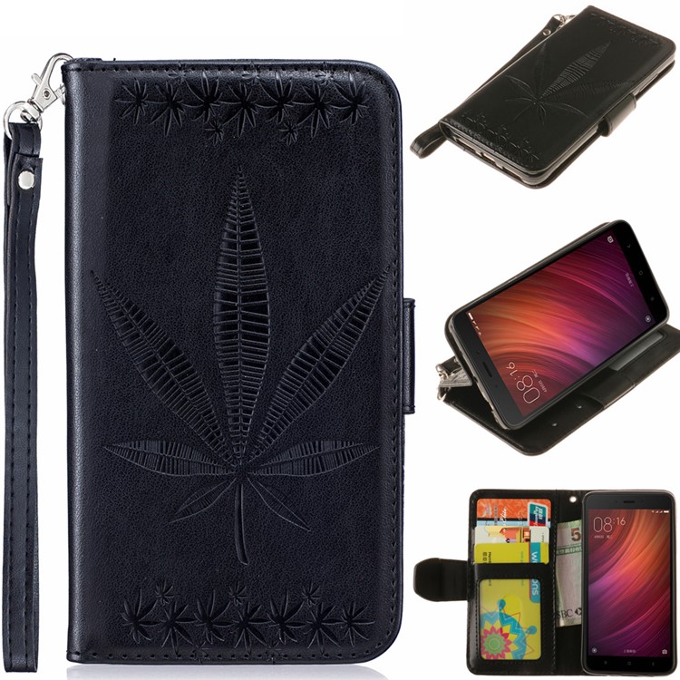 Imprint Maple Leaves Leather Wallet Case for Xiaomi Redmi Note 4 - Black-1