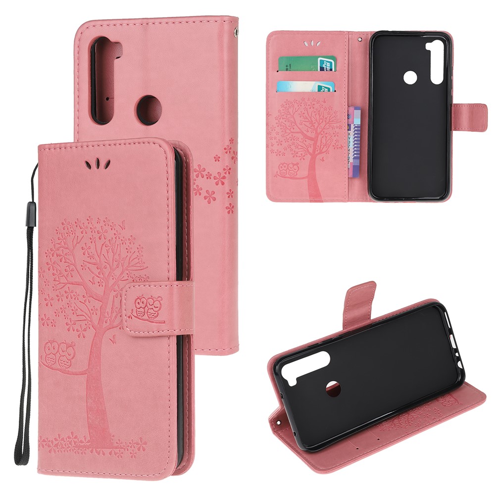 Imprint Tree Owl Wallet Stand Leather Cover for Xiaomi Redmi Note 8T - Pink-1