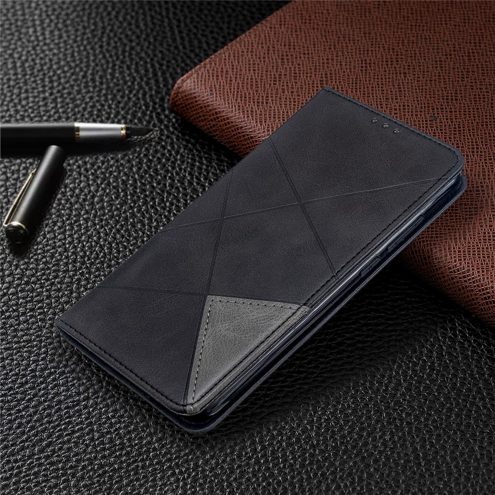 Estuche de Tarjetas de Cuero de Stand de Patrón Geométrico Para Xiaomi Redmi Note 8T - Negro