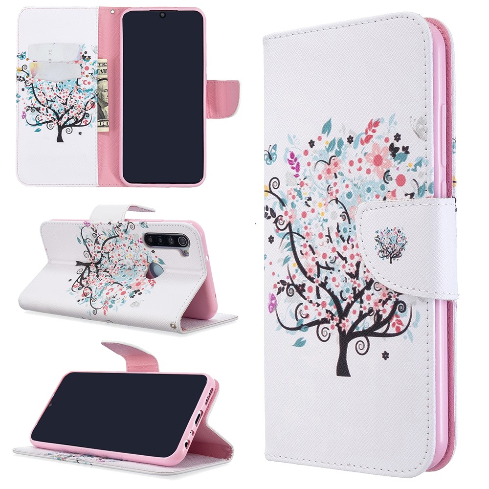 Pattern Printing Leather Wallet Case for Xiaomi Redmi Note 8T - Flowered Tree-1